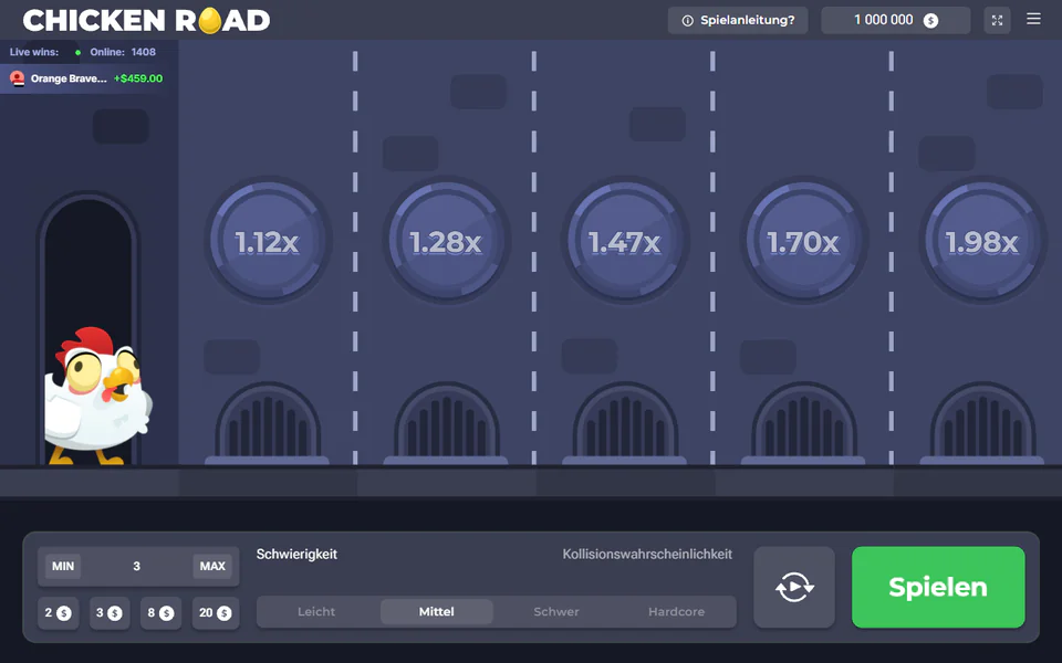 Spielfeld von Chicken Road im Modus Mittel mit Multiplikatoren von 1.12x bis 1.98x, unten das Bedienpult mit Einsatz, Stufe und Startknopf
